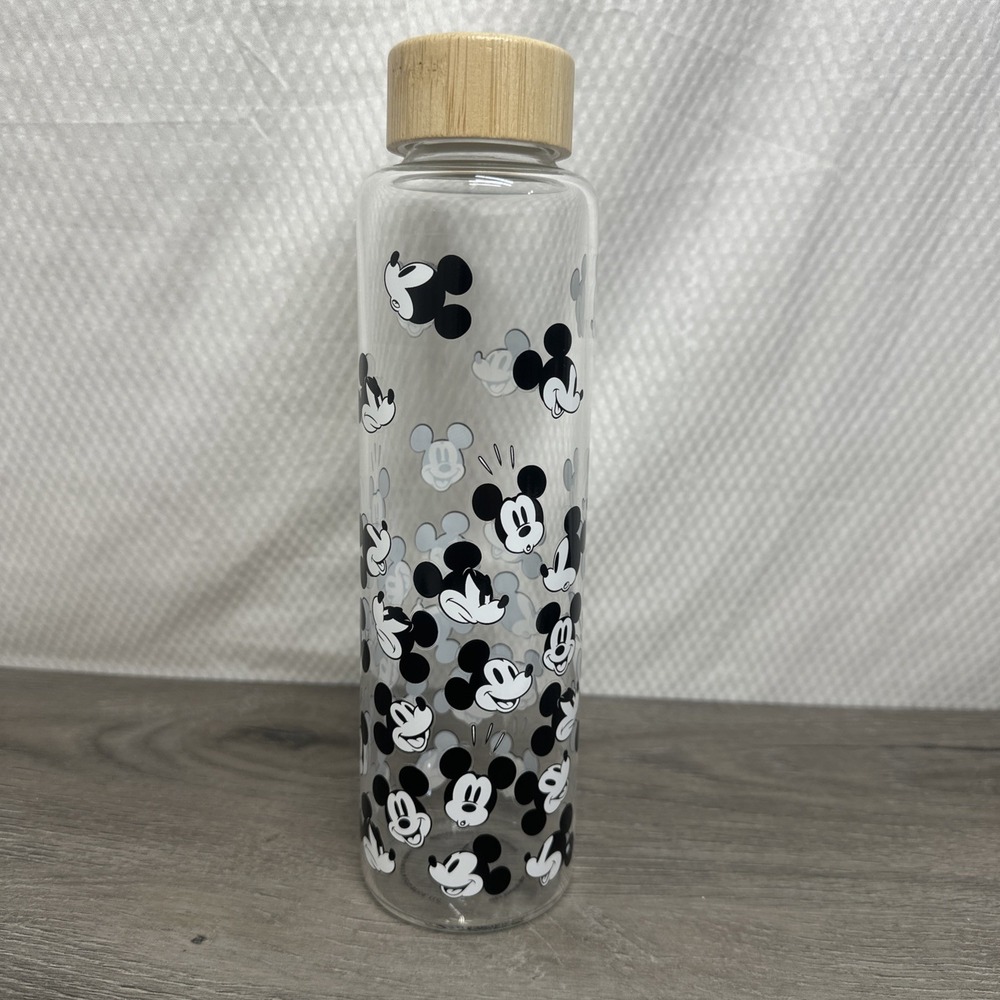 Disney Water Bottle Glass Mickey Mouse Glass Bamboo Lid black white Disney Eco
